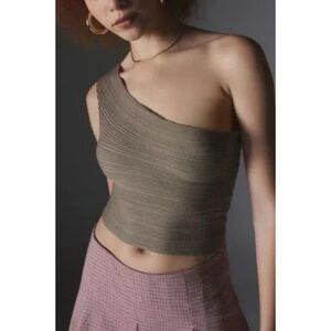 Silence + Noise Asymmetrical Ribbed Tan Crop Top